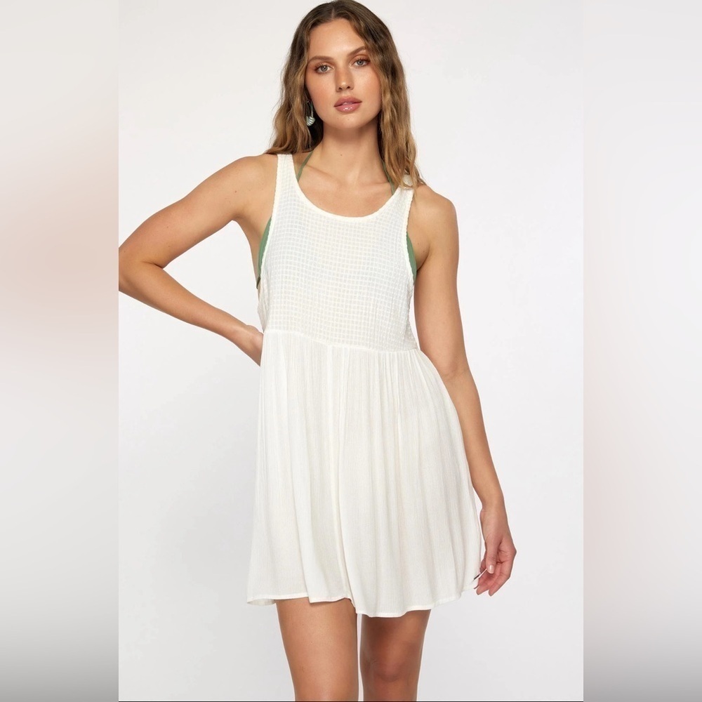 O'Neill Women's Babydoll Dress Large White 100% Cotton Gingham Print Coastal